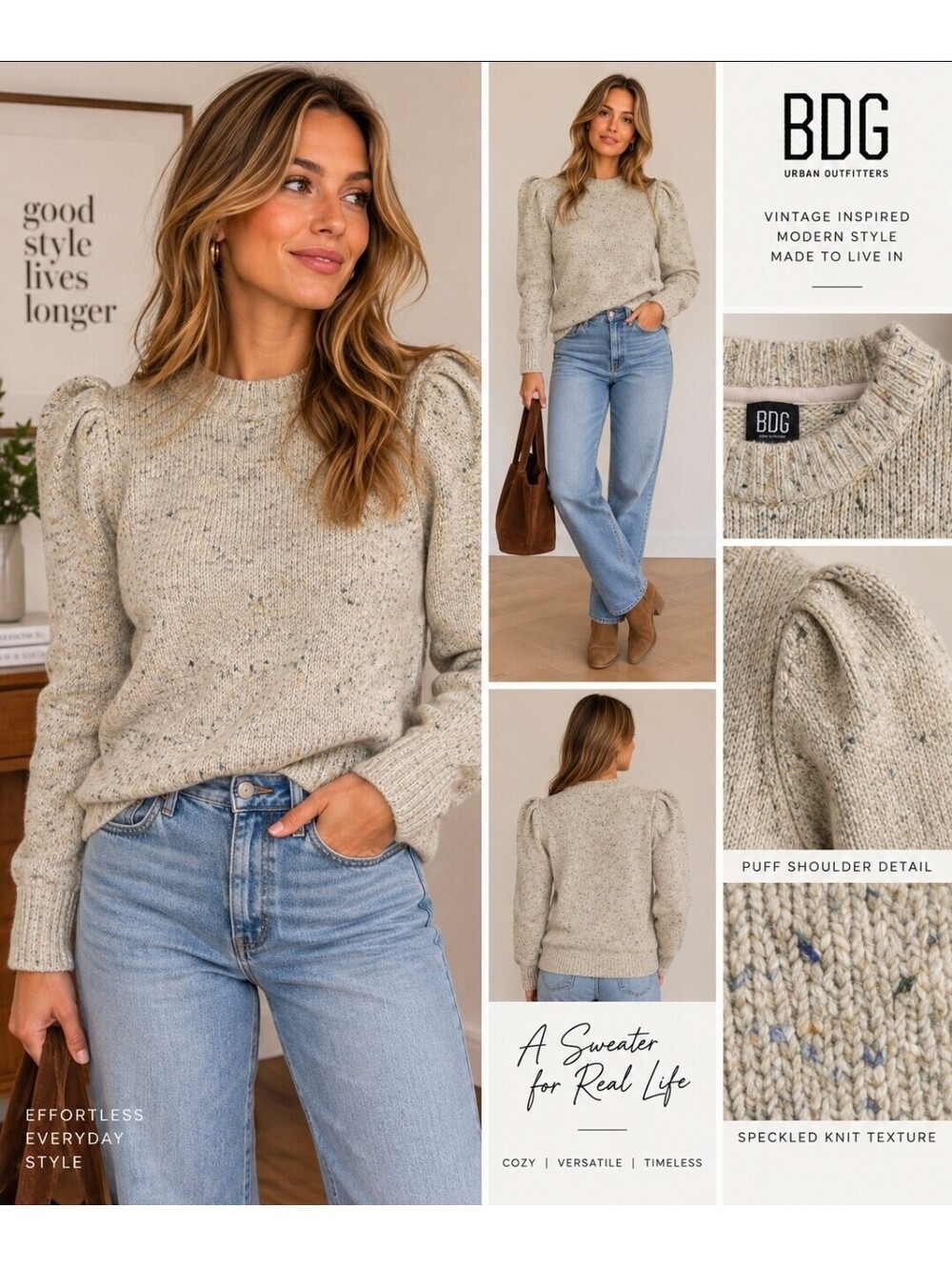 BDG Urban Outfitters Women’s Medium Speckled Knit Puff Shoulder Crewneck Sweater